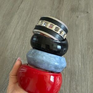 Set of Four Stylish Bangles in Red, Blue, Black, and Silver